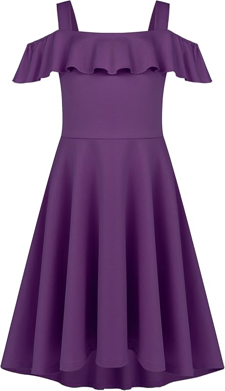 Arshiner Girls Summer Dress Off Shoulder Children's Dress Ruffle Sleeves Elegant Strap Dress Children A Line Swing Dress High Low Dress Casual Dresses with Pocket 4-13Years