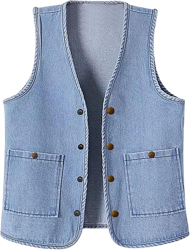 Womens Sleeveless Denim Vest V Neck Button Down Jean Waistcoat Y2K Casual Trendy Loose Fit Lightweight Jackets with Pockets