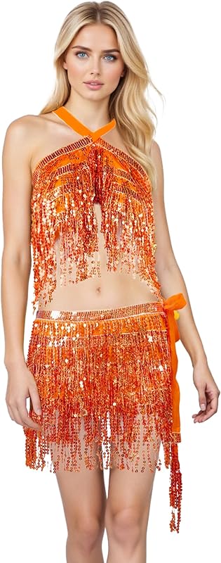 Sequin Skirts for Women (Waist/Bust Under 31.5"), Sparkly Skirts for Girls 2 Piece Set, Tassel Skirt for Kids, 2Pack