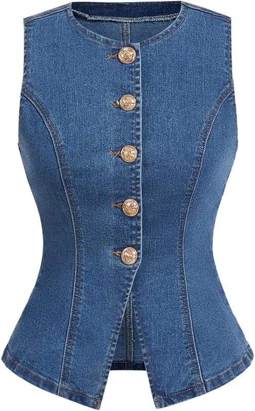 MakeMeChic Women's Denim Vest Top Summer Button Down Sleeveless Jean Jacket Crew Neck Waistcoat