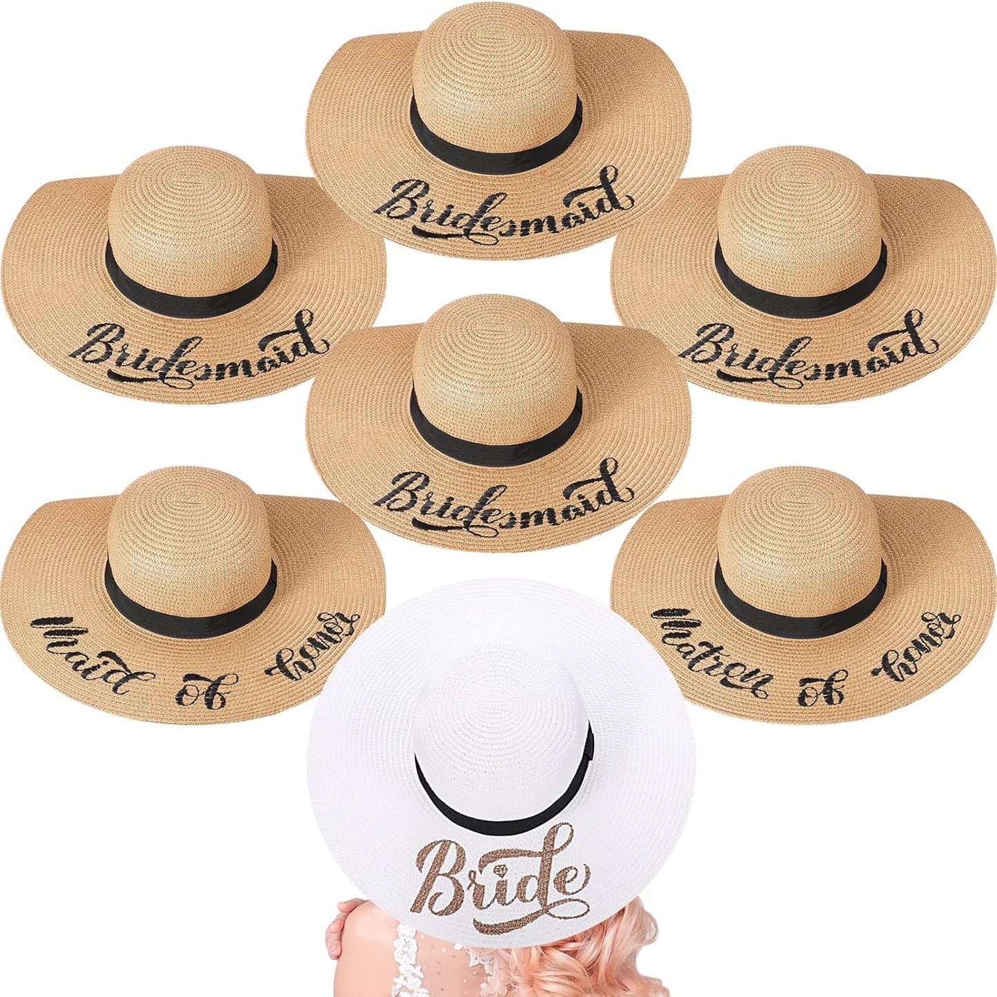 Geyoga 7 Pcs Bride and Bridesmaid Sun Hat Bulk Foldable Floppy Women Hat for Bachelorette Party Gift Honeymoon
