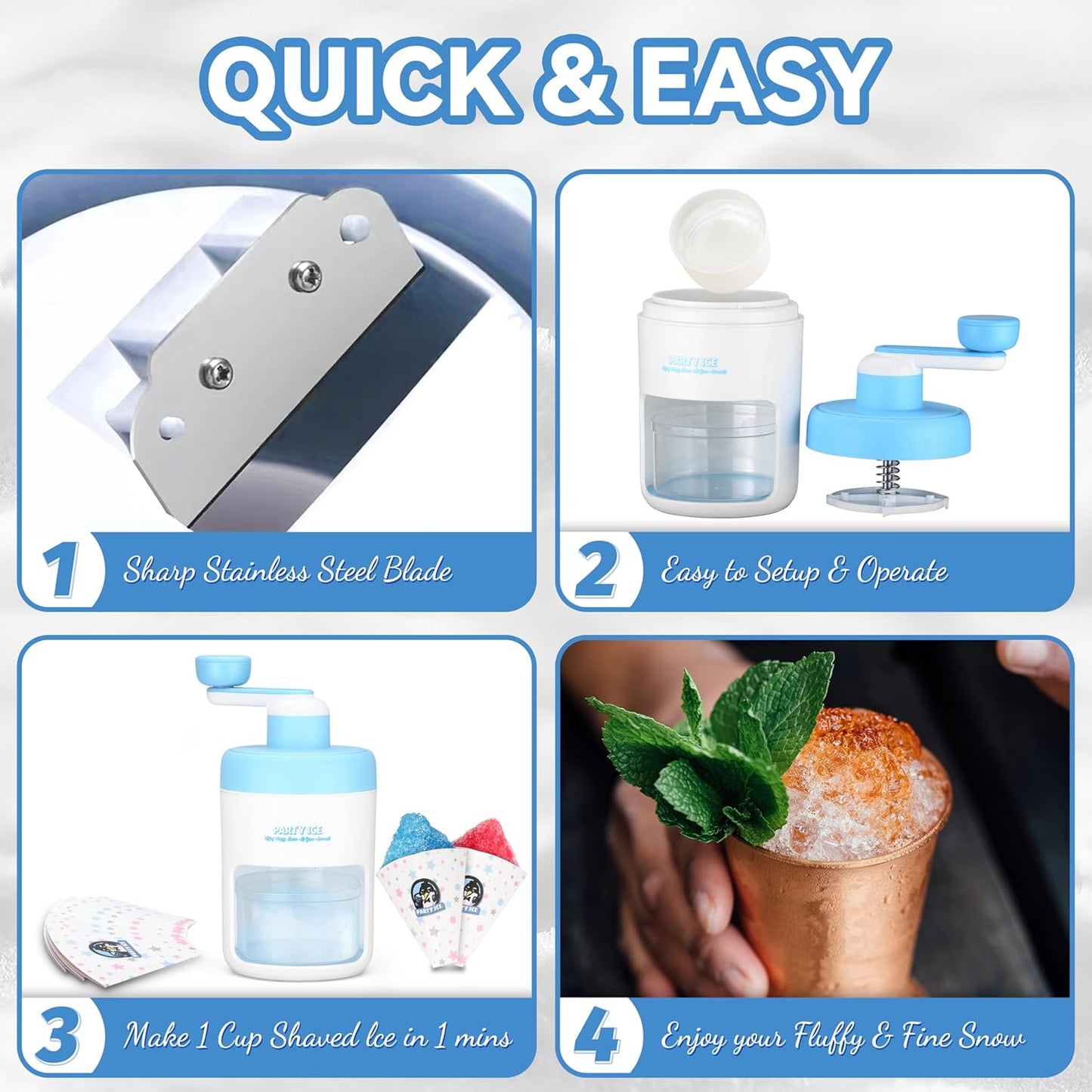 Manual Shaved Ice Maker Machine, Ice Shaver Machine, Snow Cone Maker Machine, Portable Ice Crusher, 10 Cups 10 Spoon Straws & Recipes Included (Blue)