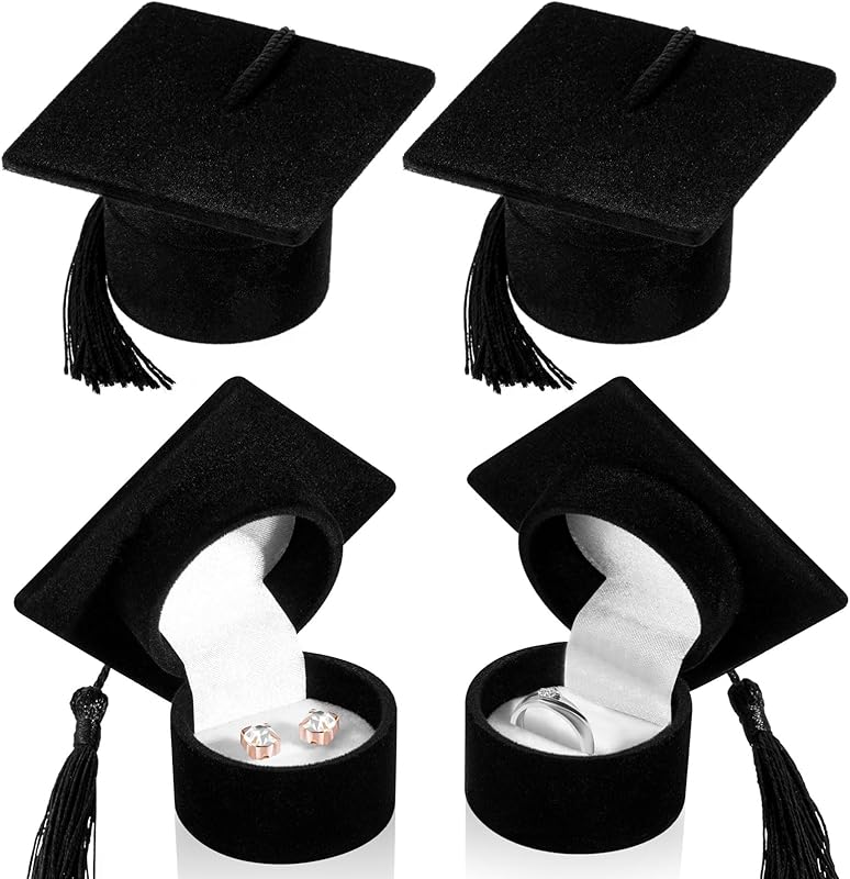 Henoyso 4 Pcs Graduation Hat Shaped Ring Box 2025 Graduation Gift Box Jewelry Case for Celebration Graduation Party Supplies(Black)