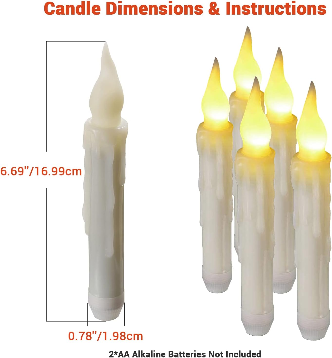 PChero 6pcs Flameless Taper Candles with Timer, 6.7" LED Battery Operated Tapered Candlesticks with Warm Yellow Flickering Flame, Dripless Candles for Halloween Themed Party Xmas Home Decorations
