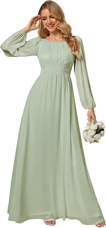 Ever-Pretty Women's Crewneck Long Lantern Sleeves Floor Length A-Line Pleated Chiffon Formal Dress 0106B