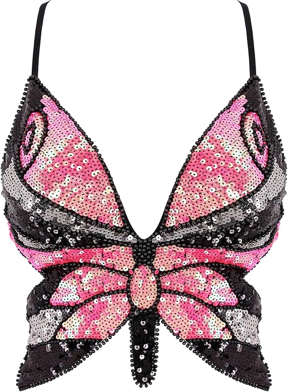 Mocure Womens Glitter Sequin Butterfly Crop Top Low-Cut Tank Top Rave Tube Vest Top for Belly Dance Costume Outfits
