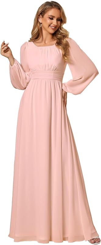 Ever-Pretty Women's Crewneck Long Lantern Sleeves Floor Length A-Line Pleated Chiffon Formal Dress 0106B