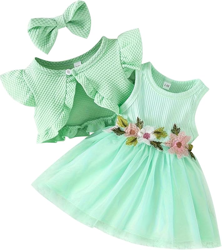 IDOPIP Baby Girls Tutu Dress Cardigan Headband 3 Pieces Elegant Embroidery Outfit Princess Baptism Ball Gown Pageant Dress