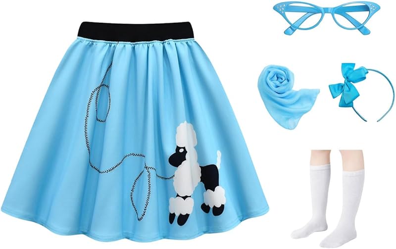 50s Costumes for Girls Kids Poodle Skirts with 4pcs Accessories, 9-12Y