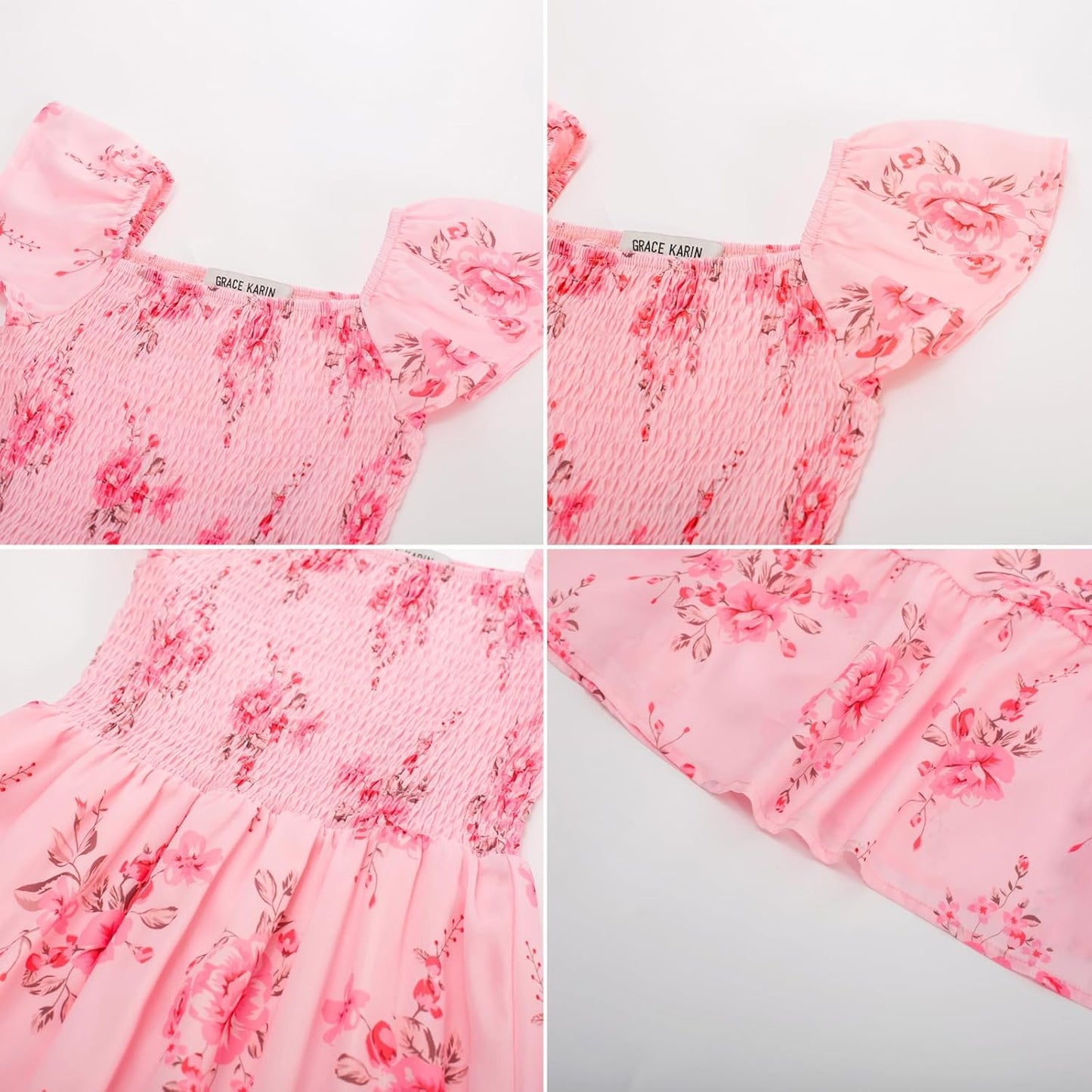 GRACE KARIN Girls Floral Dress Flutter Sleeve Square Neck Tiered Midi Dress Smocked Flared A-line Dress 5-14Y