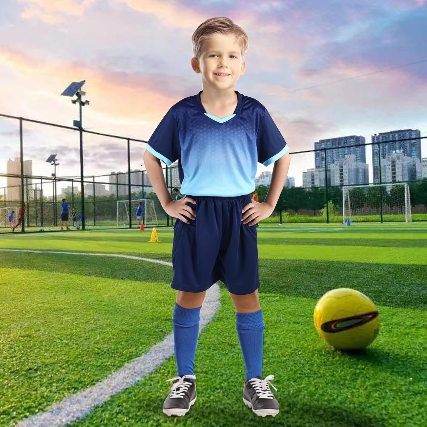Kids Jersey Soccer Knit Set - 100% Polyester Quick Dry 1/4 Sleeve T-shirt, V-neck Gradient Mesh Soccer Set