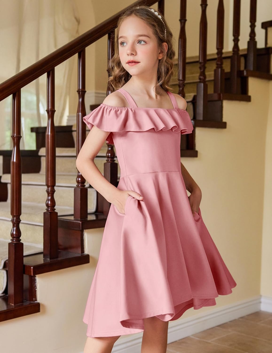Arshiner Girls Summer Dress Off Shoulder Children's Dress Ruffle Sleeves Elegant Strap Dress Children A Line Swing Dress High Low Dress Casual Dresses with Pocket 4-13Years