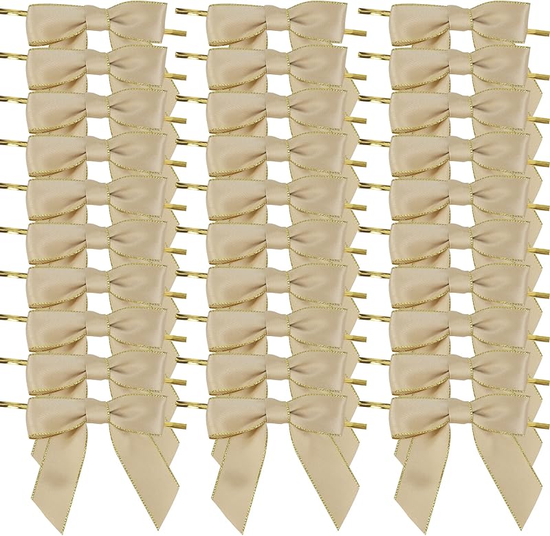 AIMUDI Pink Bows 3.5" Premade Satin Ribbon Bows with Gold Edge Pre-Tied Twist Tie Bows for Gift Wrapping Crafts Treat Bags Baby Shower Wedding Party Decorations, 50 Counts