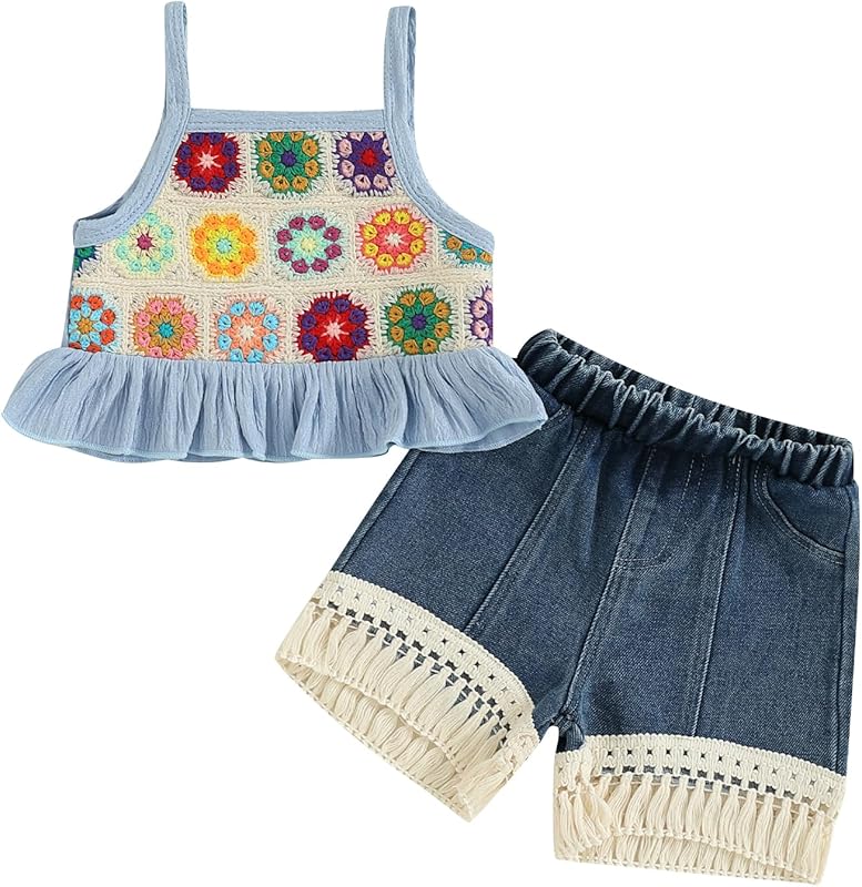 Emmababy Toddler Girls Denim Shorts Set Ribbed Crop Tank Top Sleeveless Bow Jean Shorts Skirt Western Baby Summer Clothes