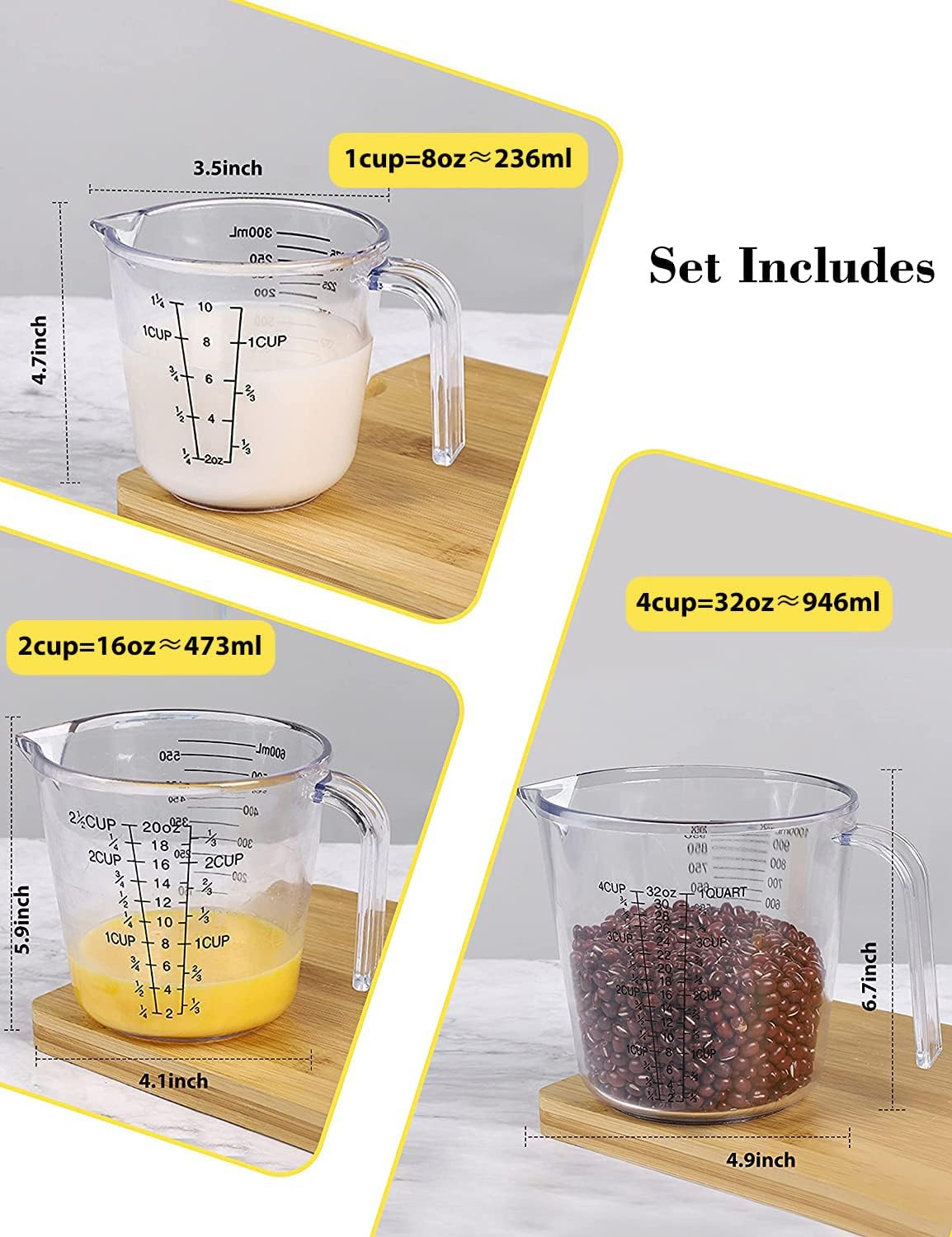Measuring Cups Set, Liquid Measuring Cups For 3 For Kitchen - BPA Free Plastic Set with Spout Multiple Measurement Scales (Clear)