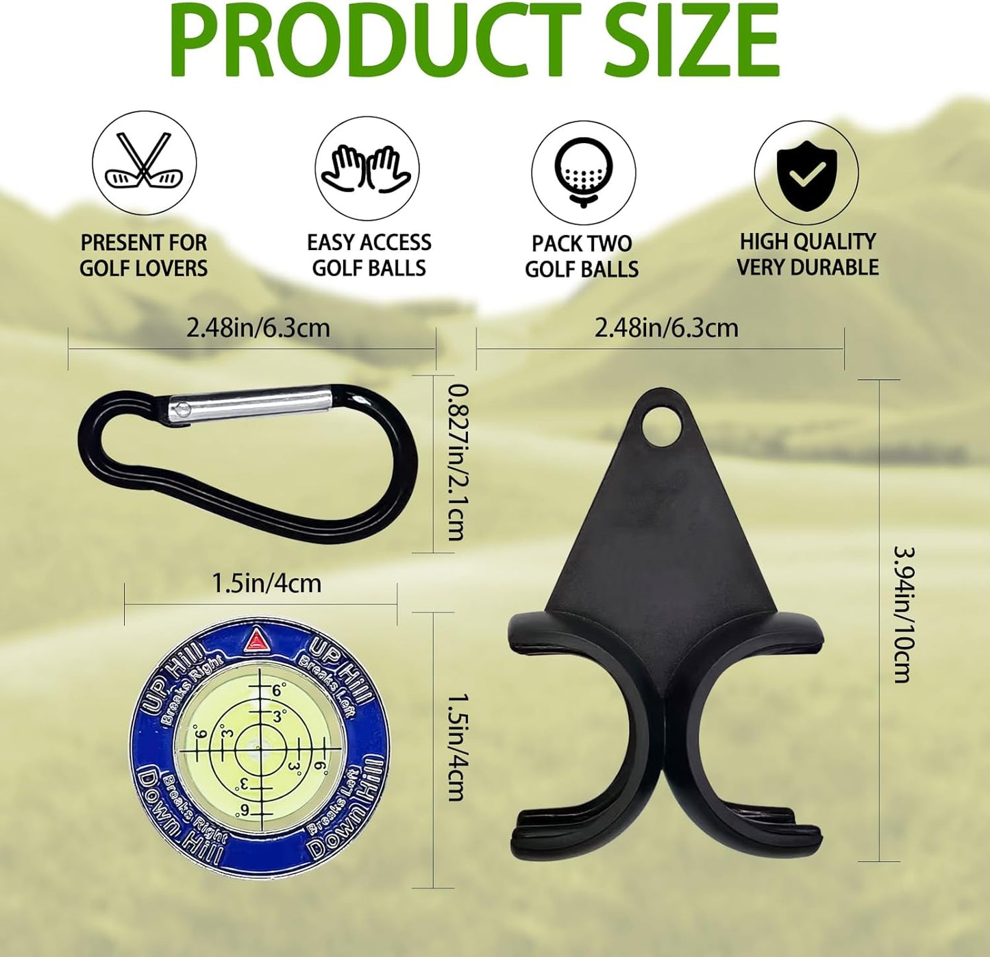 Golf Ball Holder with Two Clips for Bag Hanging and Carrying,Golf Green Reader with High Precision Bubble Level,Golfer Accessories for Men and Women