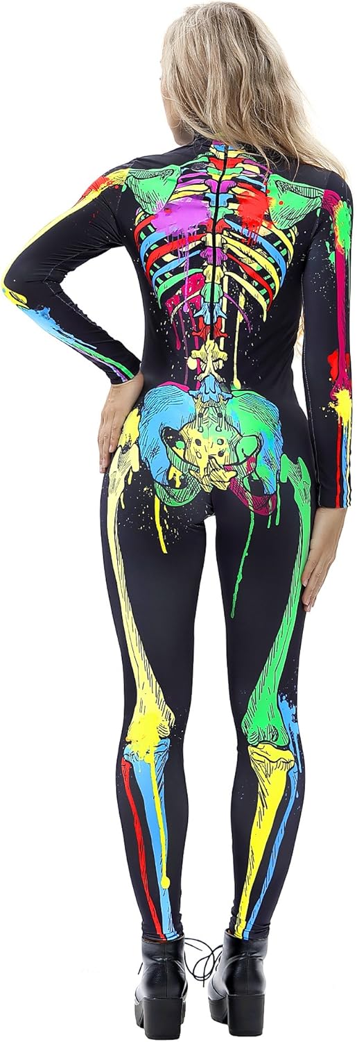 JJEUWE Women's Skeleton Halloween Bodysuit Costume Stretch Skinny Catsuit Jumpsuit