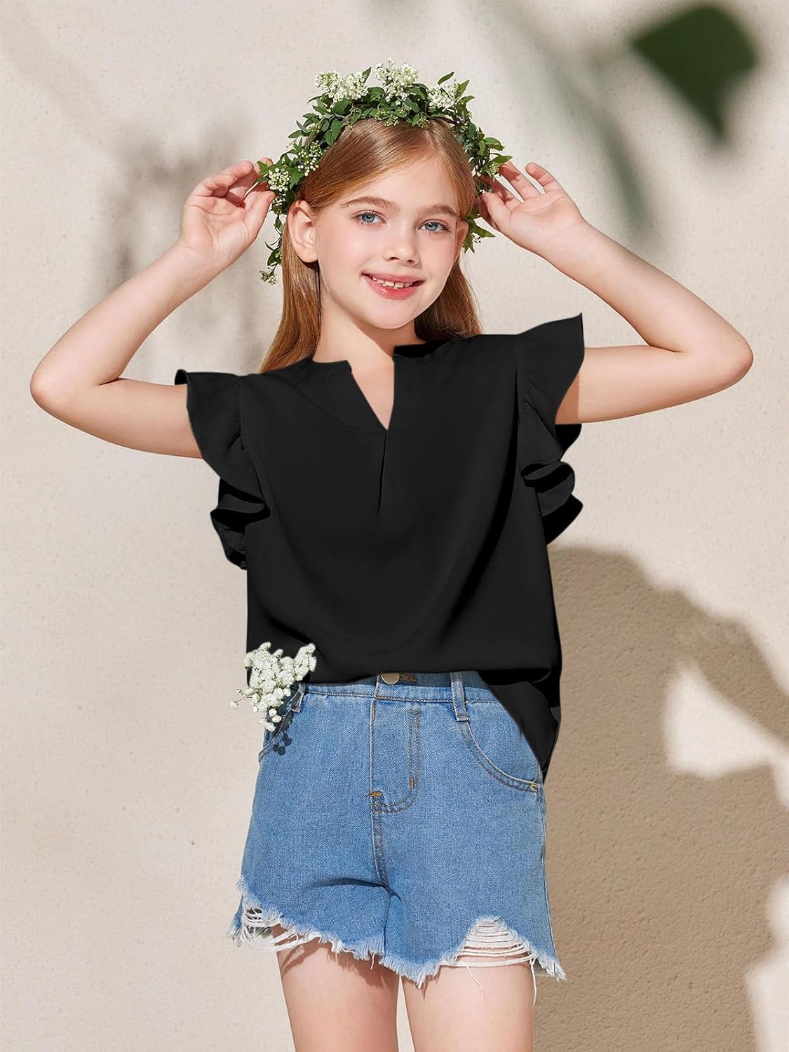 Haloumoning Girls Summer T Shirts Kids Fashion V Neck Ruffle Short Sleeve Tops Blouse 5-14 Years