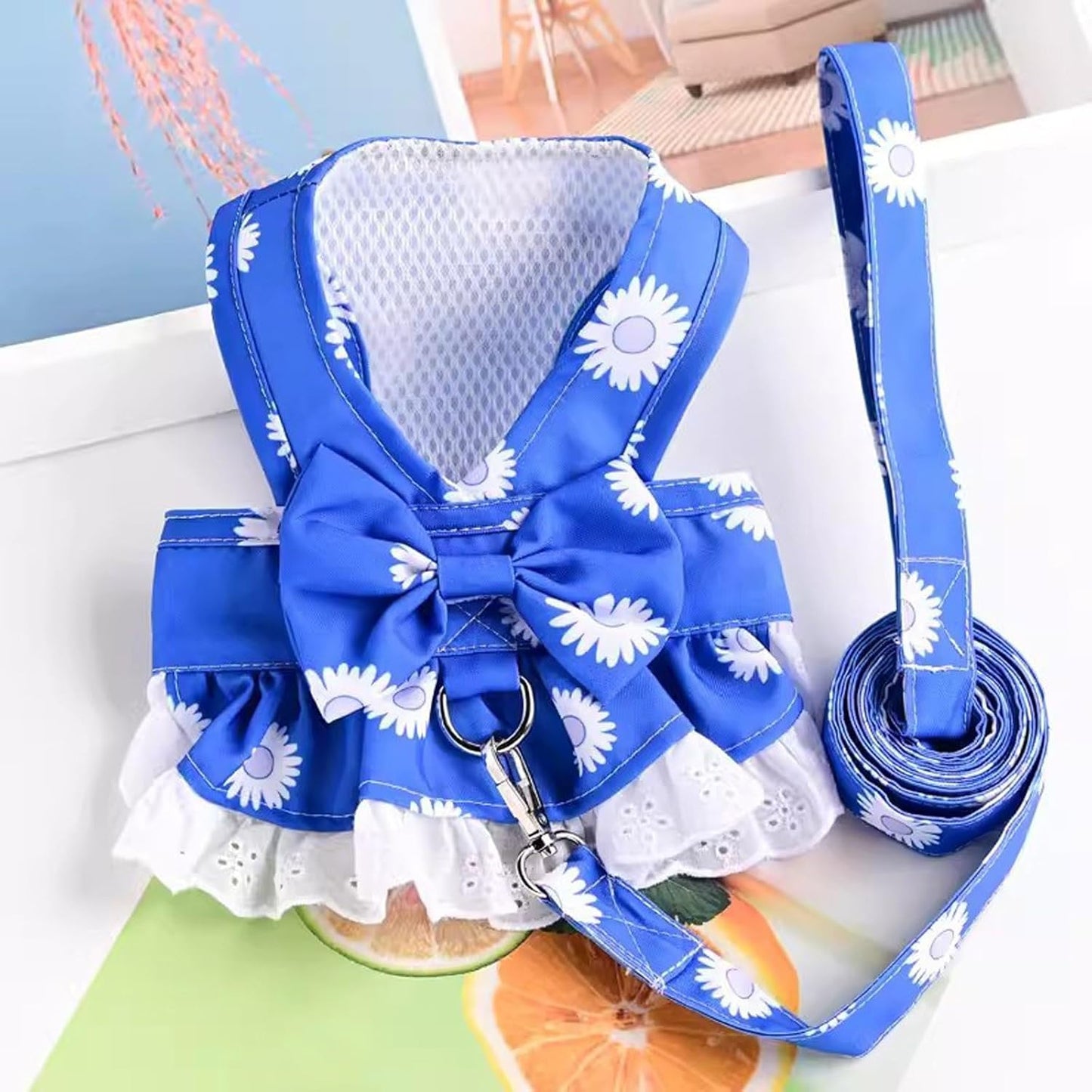 Dog Harness Dress for Small Dog Daisy Floral Pet Harness and Leash Set Bow Knot Girl Puppy Princess Skirt with D-Ring Mesh Summer Pet Clothes for Cat Dogs (Blue, XS)