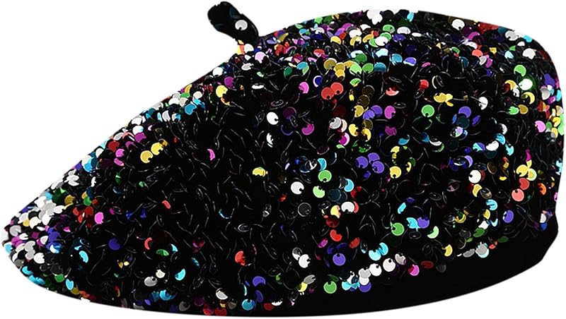 Women Beret Hat Glitter Sequins French Style Beanie Cap Adjustable Fashion Shimmer Hat for Girls Ladies