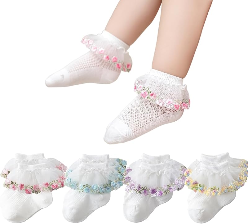 Looching Baby Infant Cute Lace Ankle Socks with Embroidered Flowers Toddler Eyelet Floral Socks 4 Pack