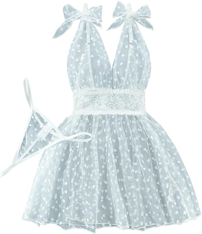 Lilosy Sexy Polka Dots Mesh Sheer Lace Babydoll Chemise Lingerie Set Floral Lace Sleep Wear
