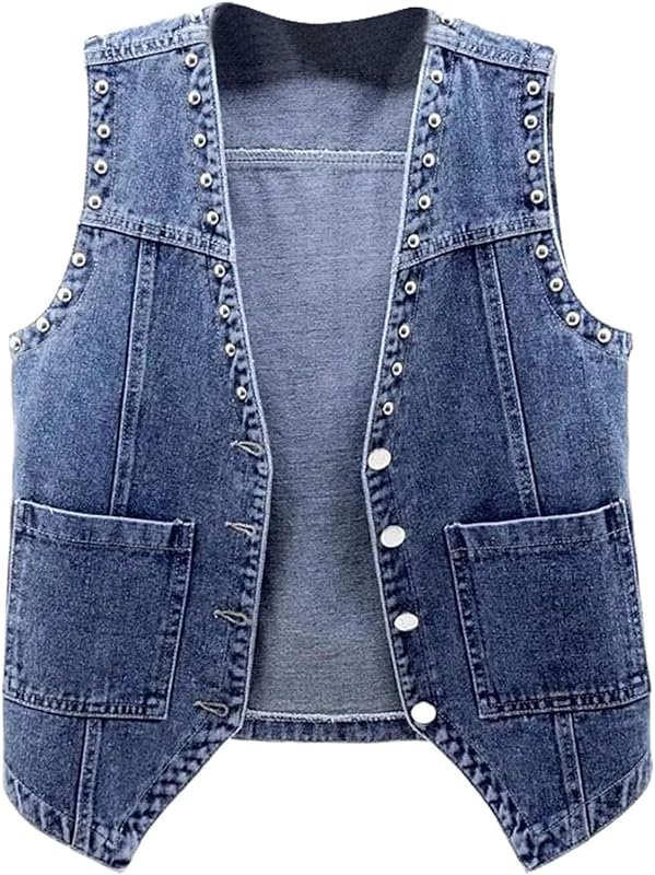 Womens Sleeveless Denim Vest V Neck Button Down Jean Waistcoat Y2K Casual Trendy Loose Fit Lightweight Jackets with Pockets