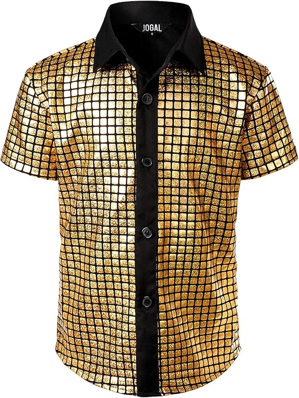 JOGAL Boy's Dress Shirt Sequins Button Down Shirts 70s Disco Party Costume