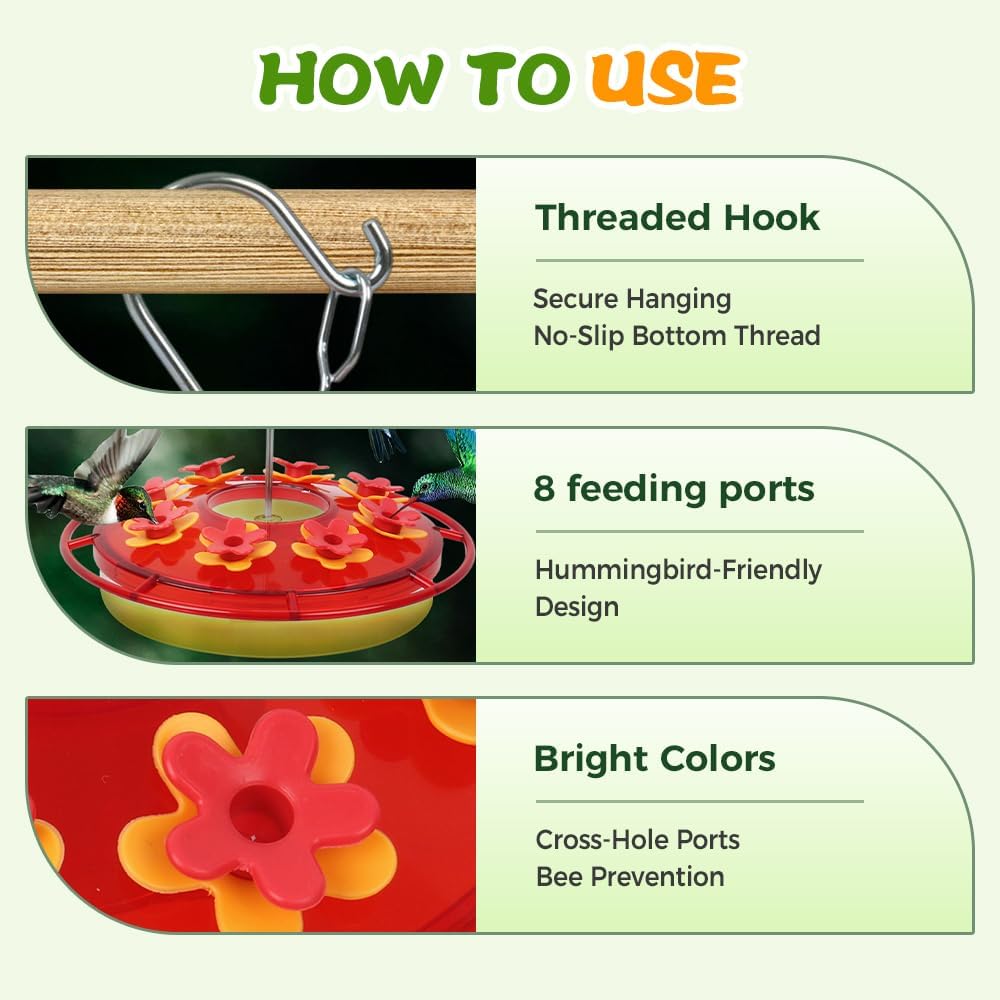 Hummingbird Feeder, 2025 New Proof Leak-Proof Cleaning Brushes Nectar Easy Clean Fill Bird Feeder for Garden Red Decor, Including Hanging Hook, Feeding Port Bird Easy Filling/Cleaning (Red)