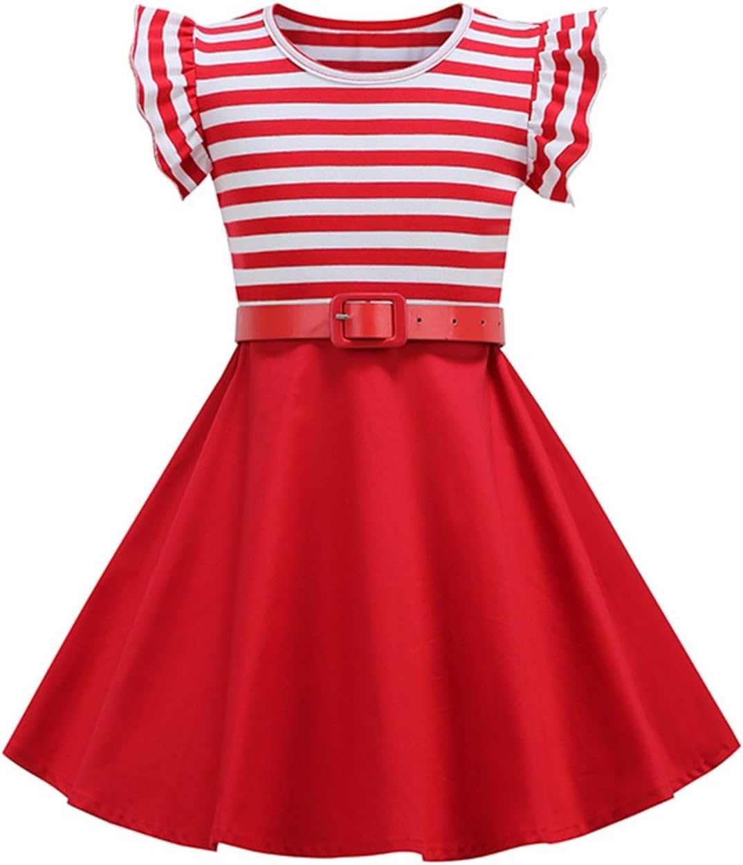 BILIKEYU Girls Striped Summer Beach Dress Flutter Sleeve Belt Waisted Color Block Ruffle A-Line Swing Casual