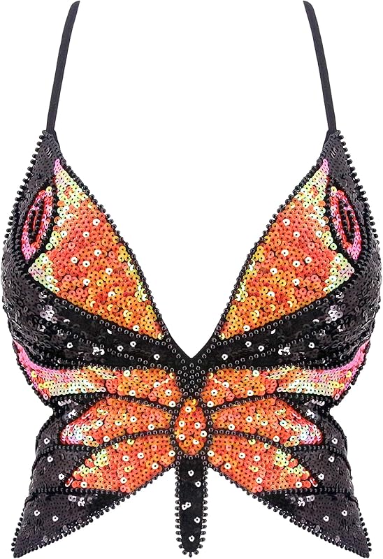 Mocure Womens Glitter Sequin Butterfly Crop Top Low-Cut Tank Top Rave Tube Vest Top for Belly Dance Costume Outfits
