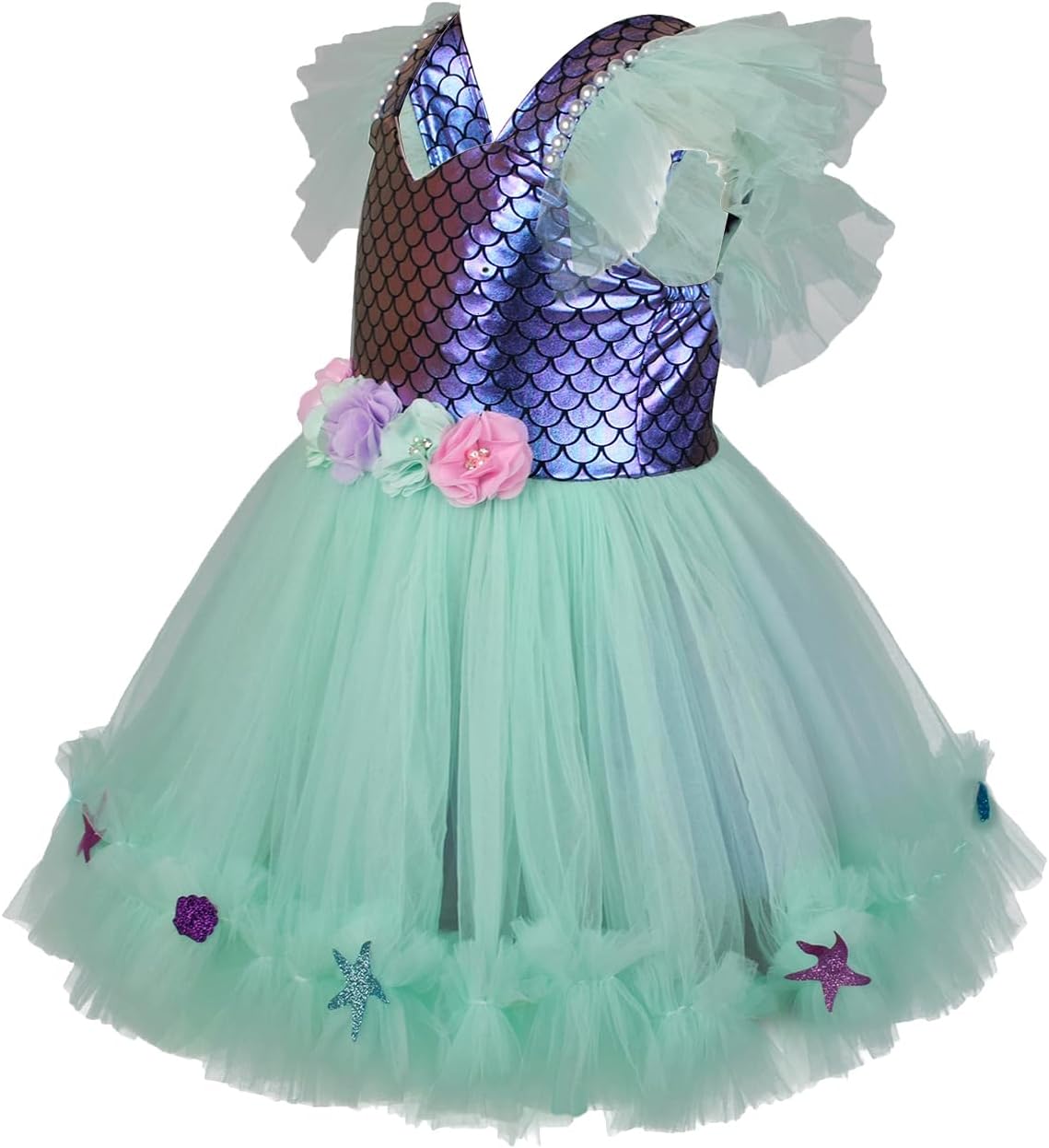 Kids Girls Mermaid Tutu Dress Outfit Fly Sleeve Tulle Patchwork A-line Dress with Headband