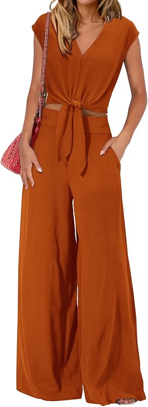 PRETTYGARDEN Women's Summer 2 Piece Outfits 2025 Cap Sleeve V Neck Belted Crop Tops Wide Leg Pant Sets Casual Tracksuit