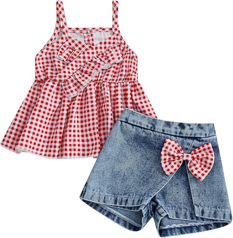 Emmababy Toddler Girls Denim Shorts Set Ribbed Crop Tank Top Sleeveless Bow Jean Shorts Skirt Western Baby Summer Clothes