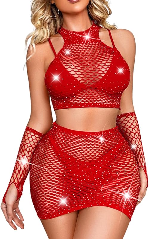 Kaei&Shi Rave Outfits for Women Festival,Glitter Rhinestone Fishnet Skirt Set,Sexy Mesh Swimsuit Cover Up Pool Party Outfit