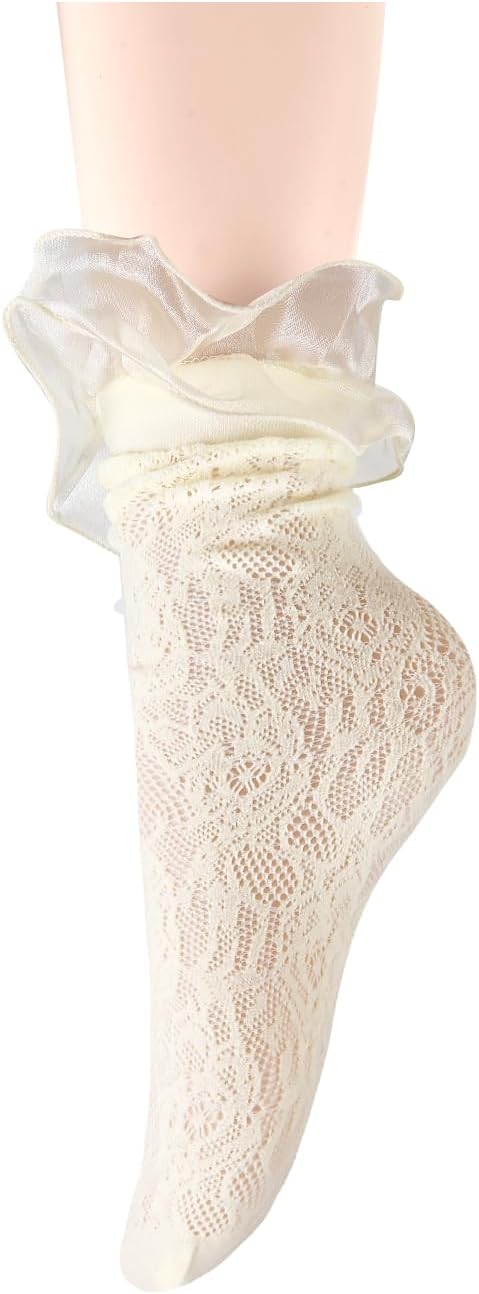 Benefeet Sox Fishnet Knee High Socks with Ruffles for Women Girls Kawaii Cute Fancy Frilly Lace Knee High Stockings with Bow