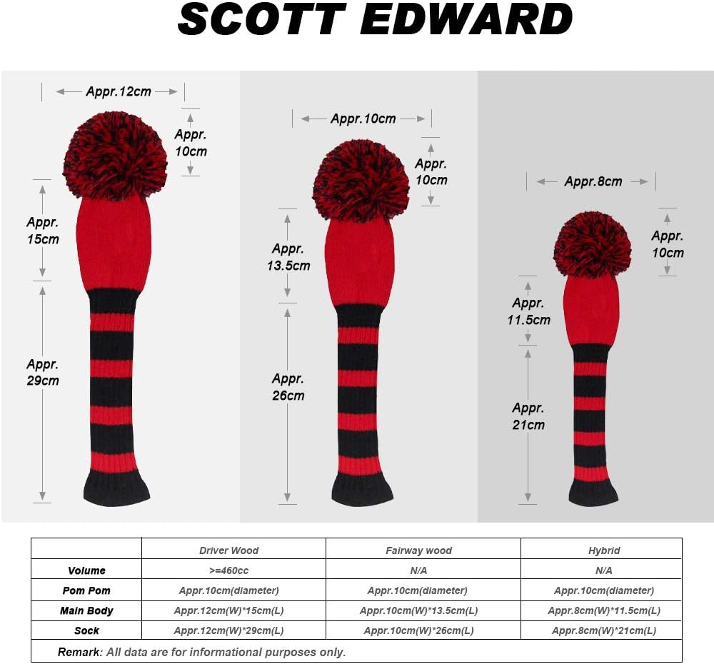 Scott Edward Golf Club Head Covers Set of 4, Acrylic Yarn Double-Layers Knitted, with Rotatable Number Tags