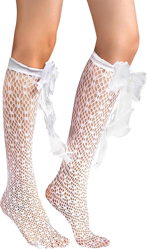 Benefeet Sox Fishnet Knee High Socks with Ruffles for Women Girls Kawaii Cute Fancy Frilly Lace Knee High Stockings with Bow