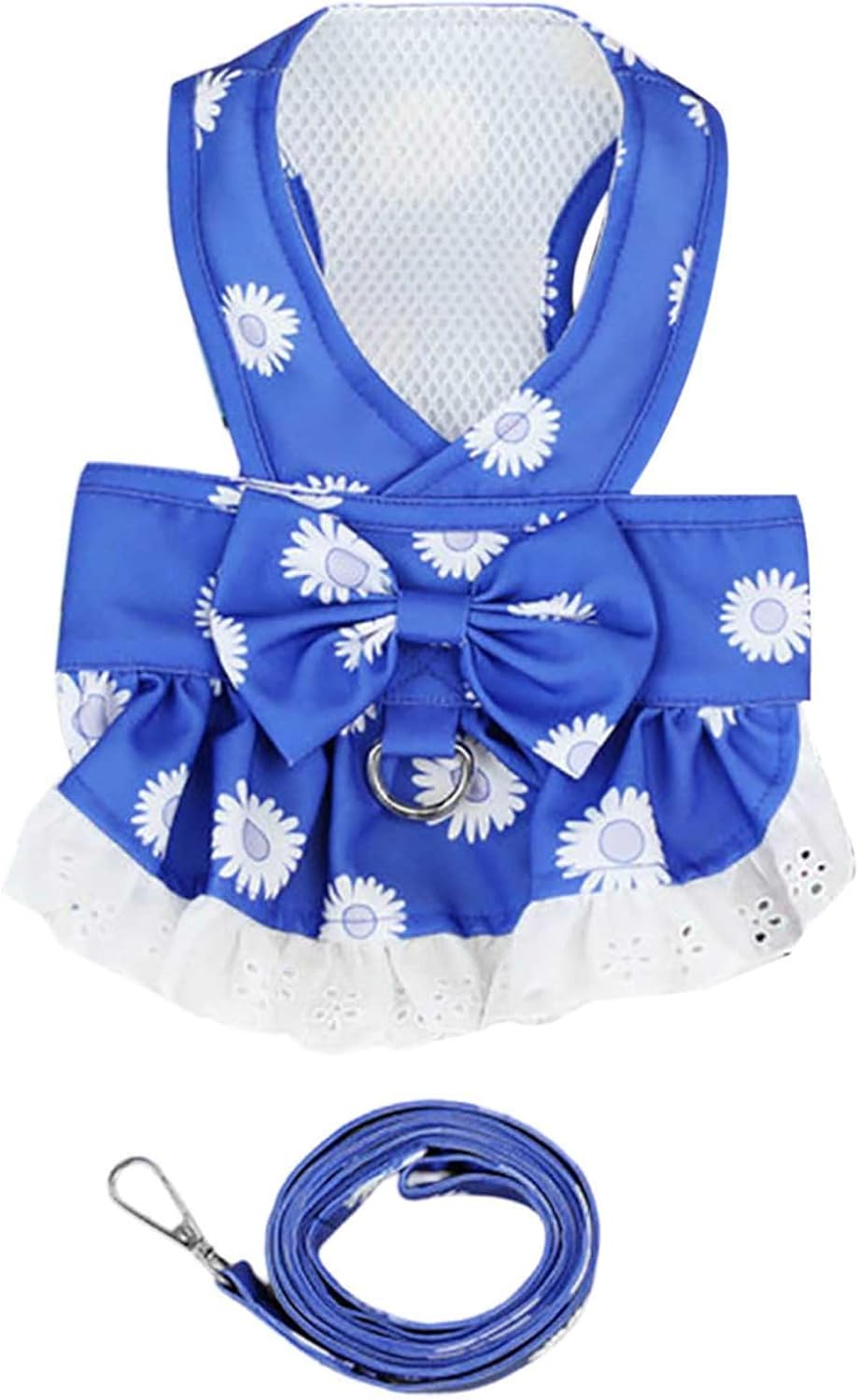 Dog Harness Dress for Small Dog Daisy Floral Pet Harness and Leash Set Bow Knot Girl Puppy Princess Skirt with D-Ring Mesh Summer Pet Clothes for Cat Dogs (Blue, XS)