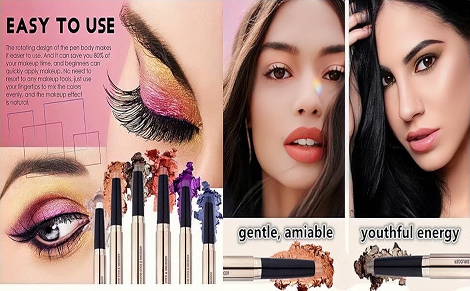 2 in 1 eyeshadow stick and Sponge Makeup Brush, Smooth Cream Shimmer Shadow Pencil Long Lasting Waterproof Eye Shadow Highlighter Stick Makeup , Hypoallergenic Highlighter Multi-Dimensional eyes Look