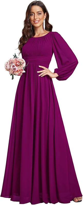 Ever-Pretty Women's Crewneck Long Lantern Sleeves Floor Length A-Line Pleated Chiffon Formal Dress 0106B