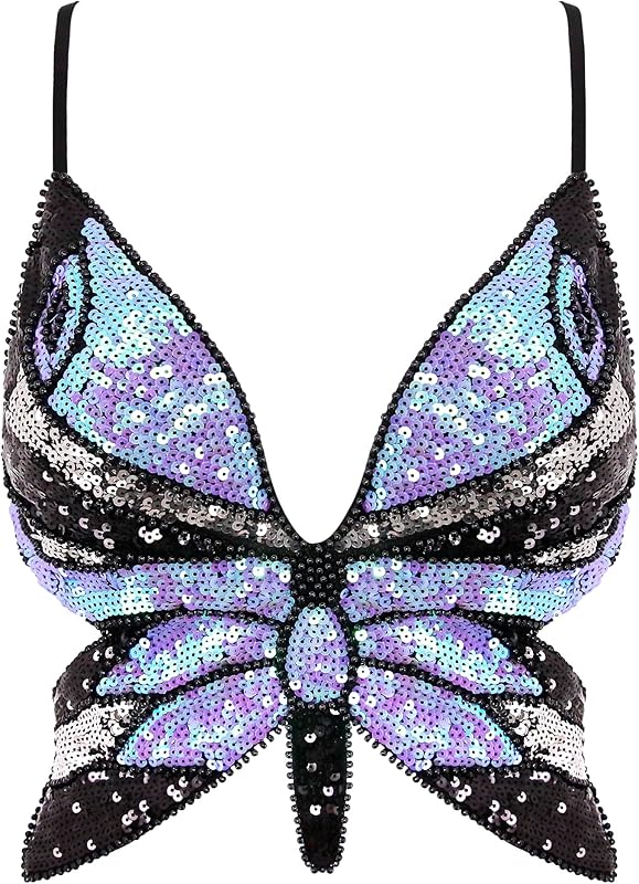 Mocure Womens Glitter Sequin Butterfly Crop Top Low-Cut Tank Top Rave Tube Vest Top for Belly Dance Costume Outfits