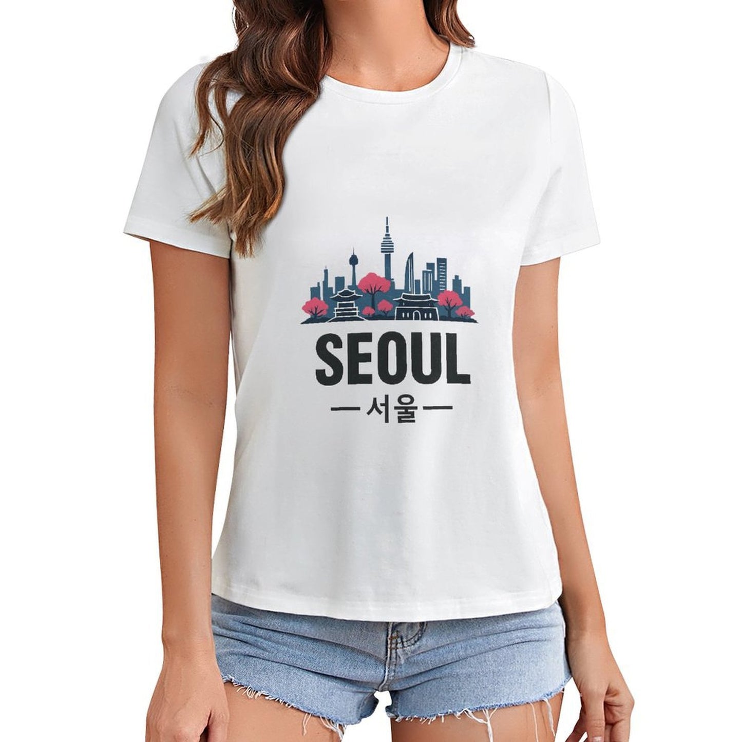Gildan T-shirt Women Seoul Skyline And Tradition Spring and Summer Round Neck Short-sleeved Tops Women's Casual Sports T-shirt