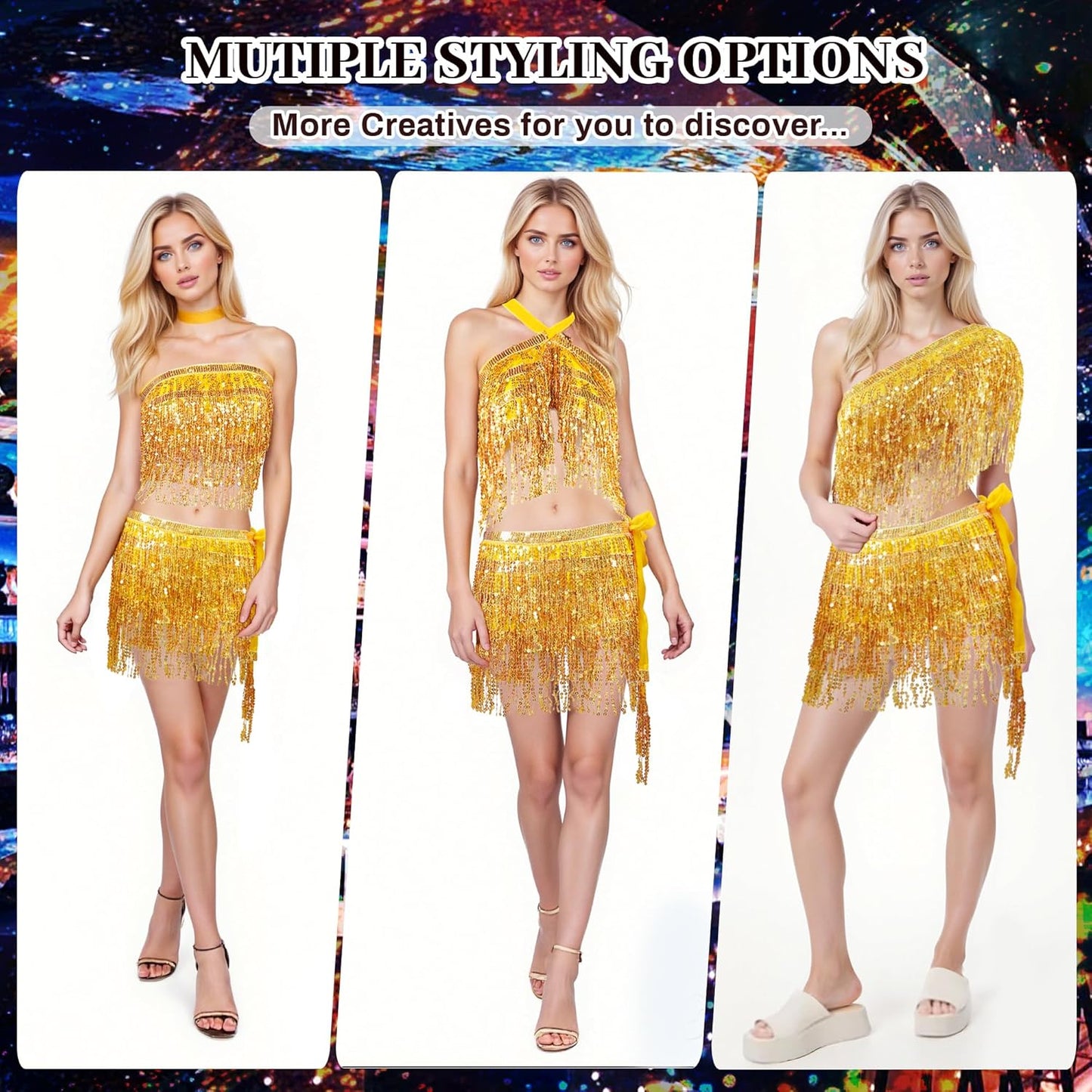 Sequin Skirts for Women (Waist/Bust Under 31.5"), Sparkly Skirts for Girls 2 Piece Set, Tassel Skirt for Kids, 2Pack