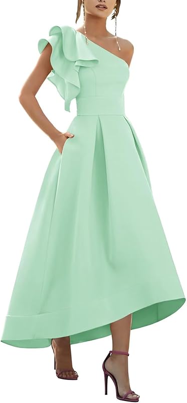 One Shoulder Satin Mother of Bride Dresses 2025 High-Low Ruffle Formal Evening Party Gowns
