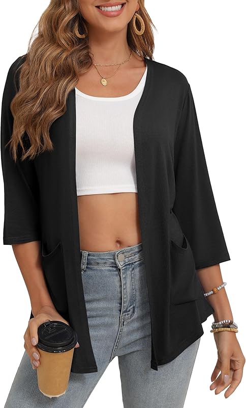 Women's 3/4 Sleeve Open Front Cardigan Casual Loose Lightweight Cardigans with Pockets