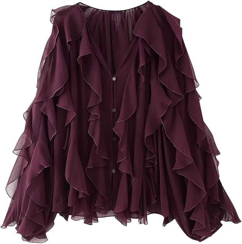 HangNiFang Ruffled Multi-Layered Summer Blouse for Women Trendy Semi See Through V-Neck Long Sleeve Button Chiffon Shirt Tops