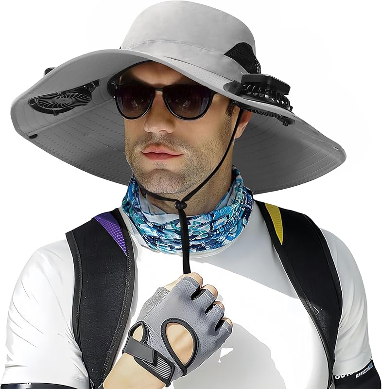 Outdoor Wide Brim Sun Hat with 2 Solar Fan - 2025 Sun Bucket Hat for Men Women, UPF 50+ Bucket Fishing Beach Hat Fan Built in