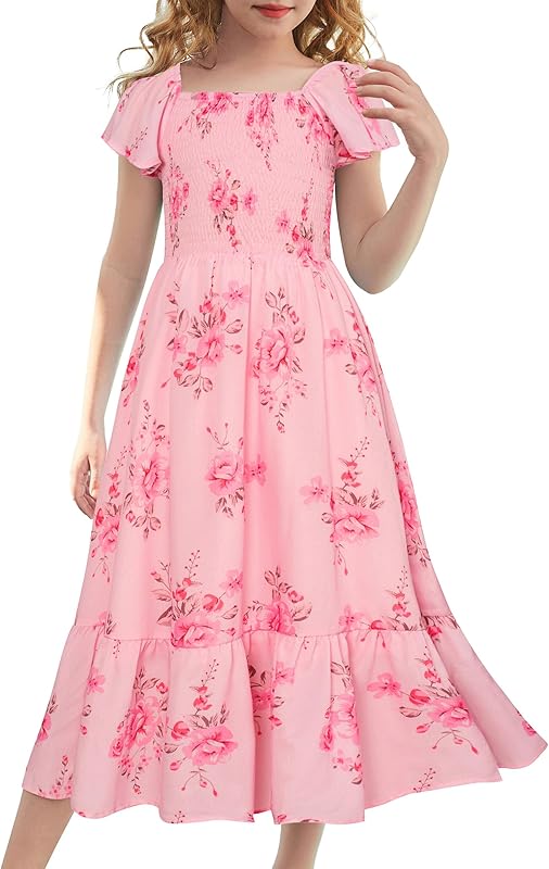 GRACE KARIN Girls Floral Dress Flutter Sleeve Square Neck Tiered Midi Dress Smocked Flared A-line Dress 5-14Y