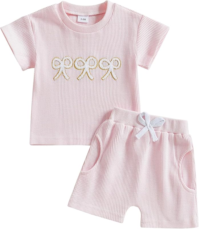 Kayotuas Toddler Baby Girl Summer Clothes 3D Flower Bow Short Sleeve T Shirt Tops Shorts 2Pcs Set Cute Infant Waffle Outfits
